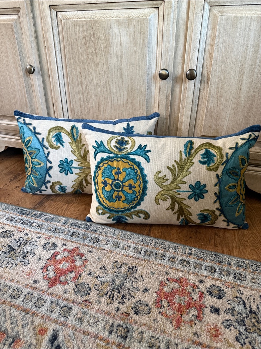 Pier 1 Embroidered Lumbar Pillows in Blue, Teal & Gold